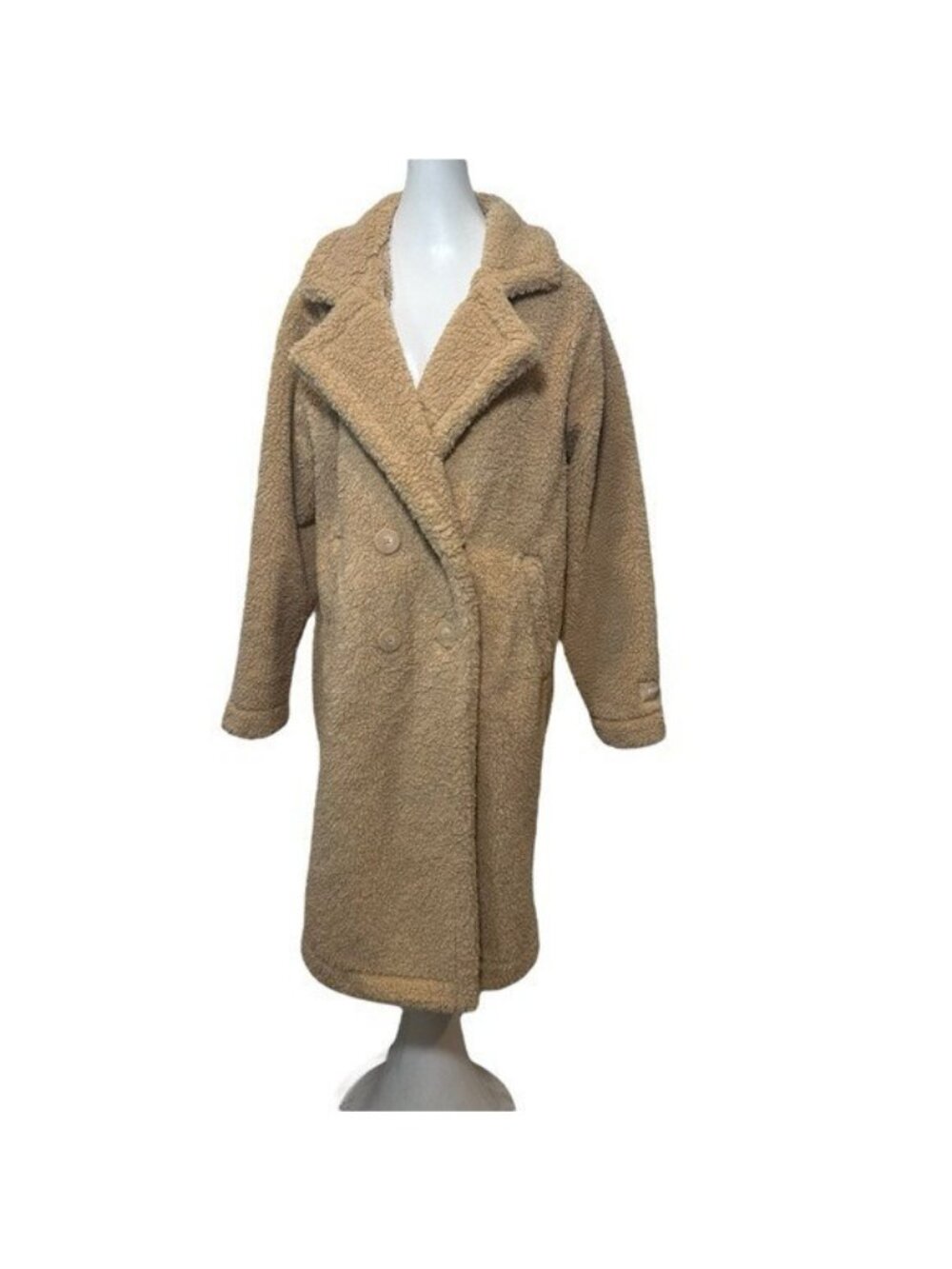 Victoria's Secret Pink XS Plush Teddy Long Coat Faux Fur Camel Double Breasted